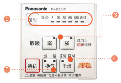 从[取暖] [干燥] 到 [换气]，Panasonic暖浴快系列通过其多功能遥控开关实现多项操作运行。